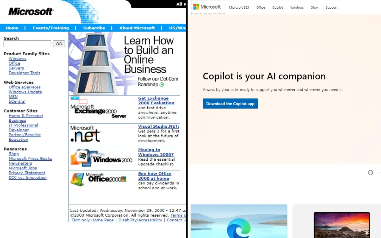 Old and New Microsoft homepage